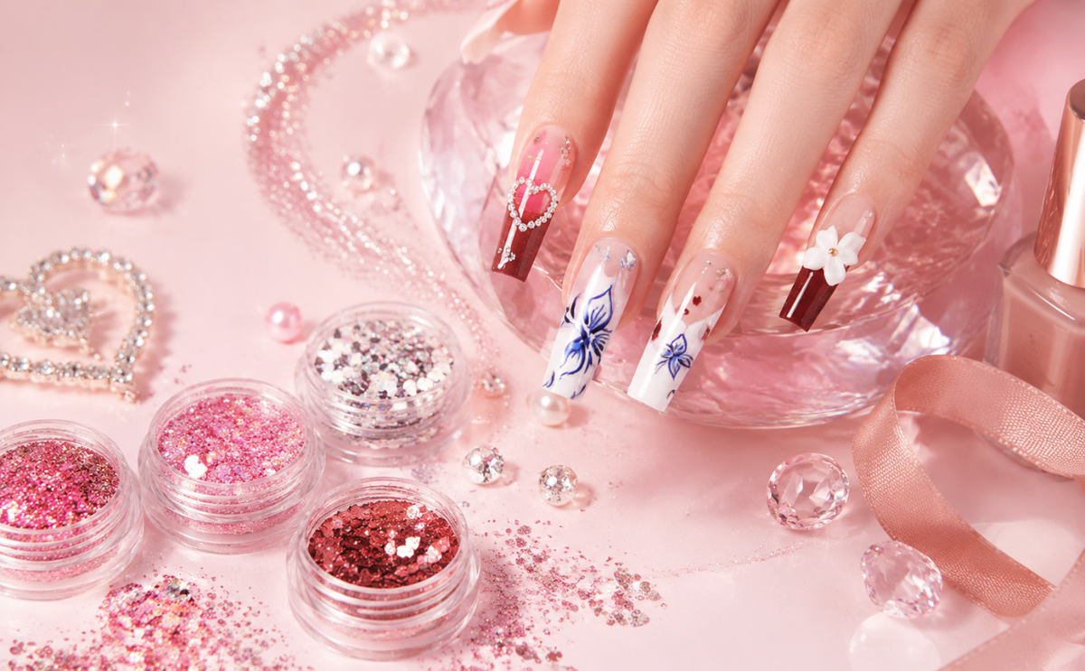 A close-up of a hand with decorated fingernails resting on a pink surface, surrounded by small jars of pink, silver, and copper glitter, loose rhinestones, and a clear acrylic tray.